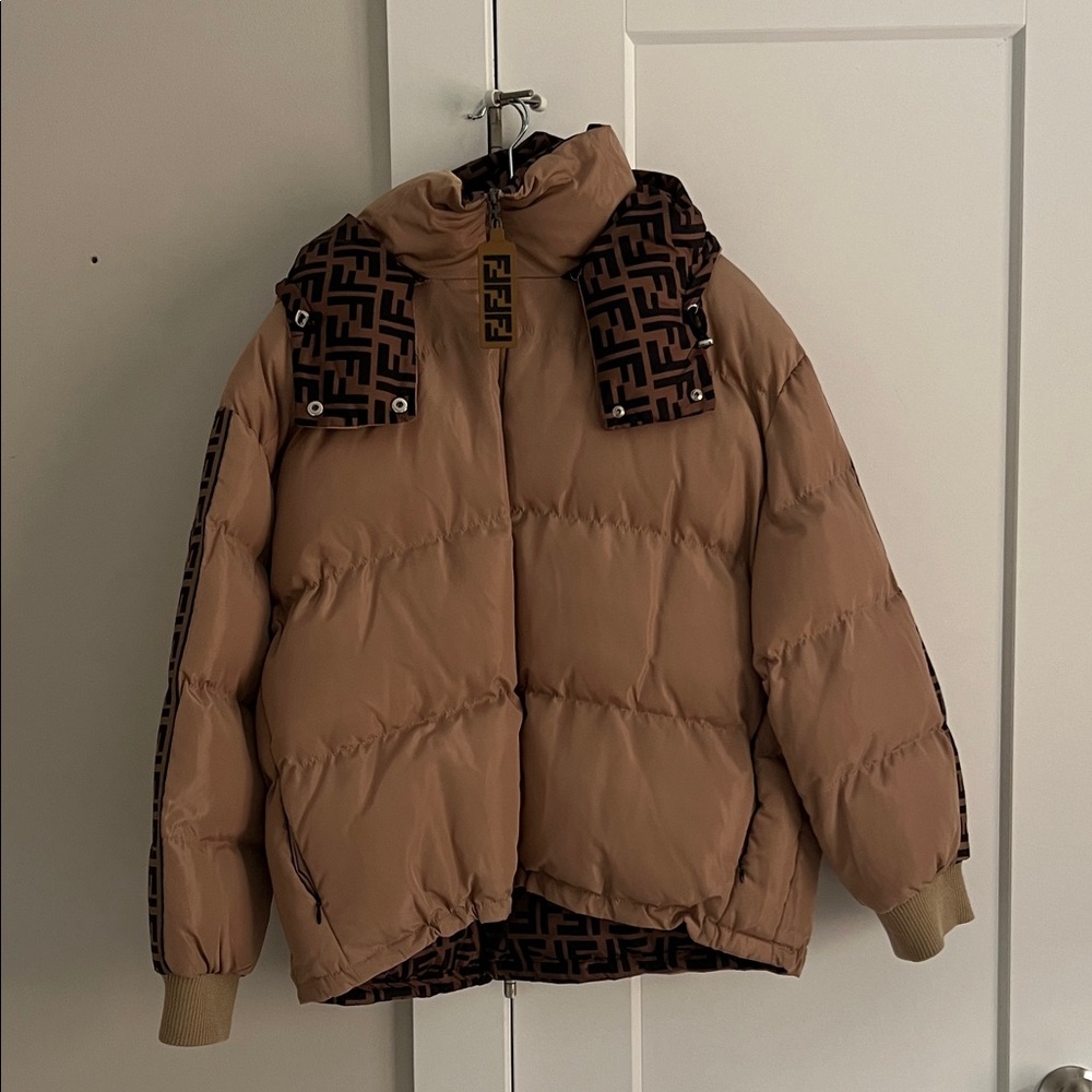 Fendi Tan Puffer Jacket with Logo Details